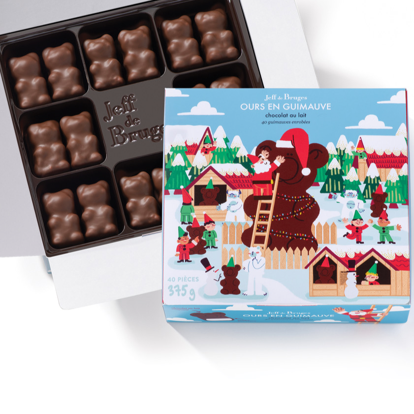 Boîte garnie de 375g d'Ours en guimauve enrobés de chocolat au lait
